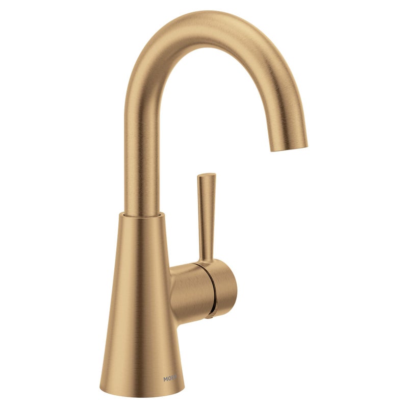 Moen Ronan Bronzed Gold OneHandle Single Hole Modern Bathroom Sink Faucet with Optional Deckplate and Spring Loaded Drain Assembly 84021BZG