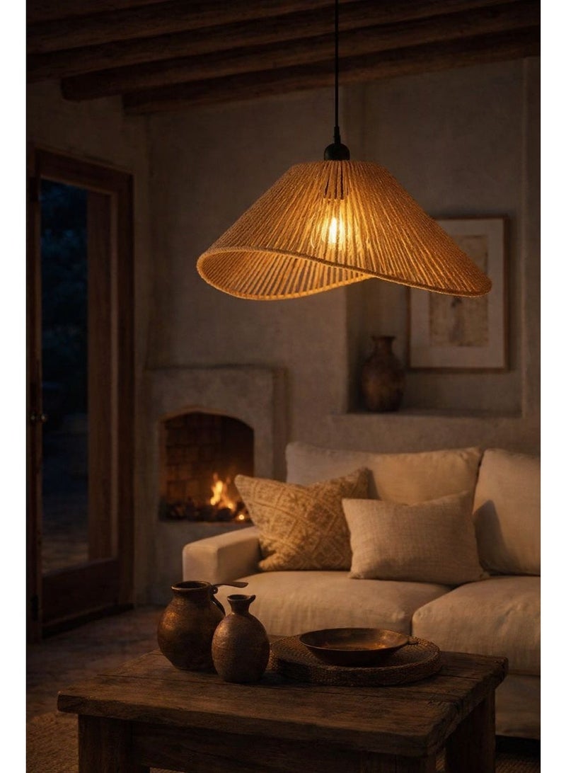Bohemian handcrafted ceramic-frame pendant chandelier featuring twisted natural fiber ,fourty centimeters diameter, E27 bulb, designed to create warm serene elegant ambient lighting - Image 2