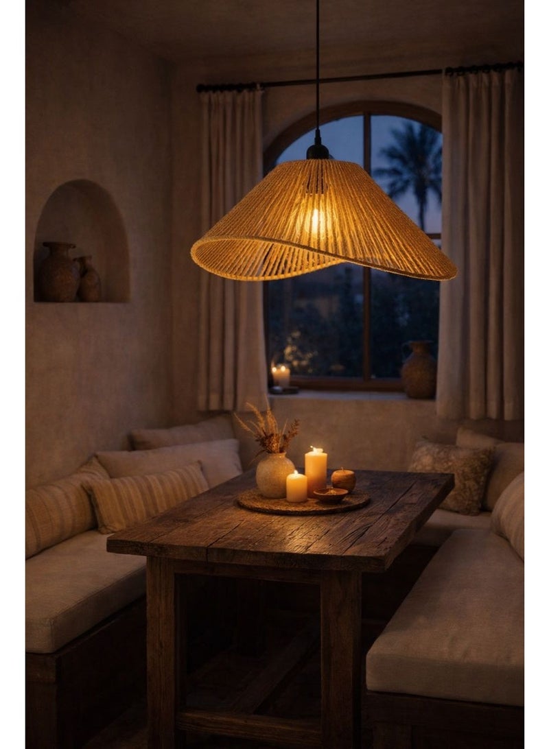 Bohemian handcrafted ceramic-frame pendant chandelier featuring twisted natural fiber ,fourty centimeters diameter, E27 bulb, designed to create warm serene elegant ambient lighting - Image 3