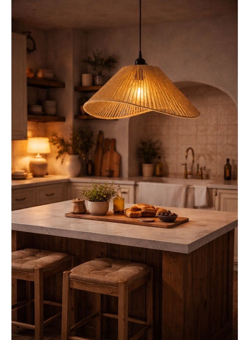 Bohemian handcrafted ceramic-frame pendant chandelier featuring twisted natural fiber ,fourty centimeters diameter, E27 bulb, designed to create warm serene elegant ambient lighting - Image 4