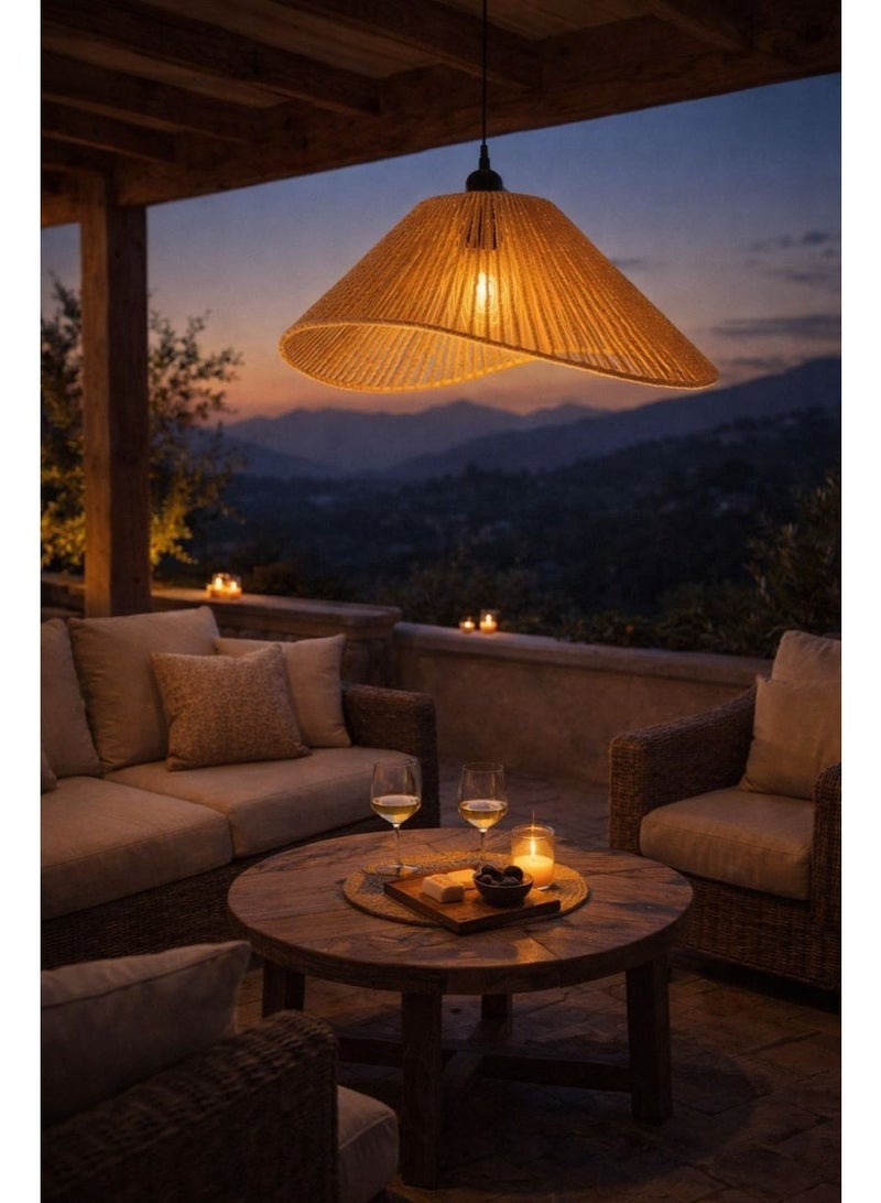 Bohemian handcrafted ceramic-frame pendant chandelier featuring twisted natural fiber ,fourty centimeters diameter, E27 bulb, designed to create warm serene elegant ambient lighting - Image 1