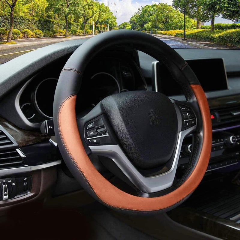 Valleycomfy Microfiber Leather Steering Wheel Covers Universal 15 inch (Brown) - Image 1