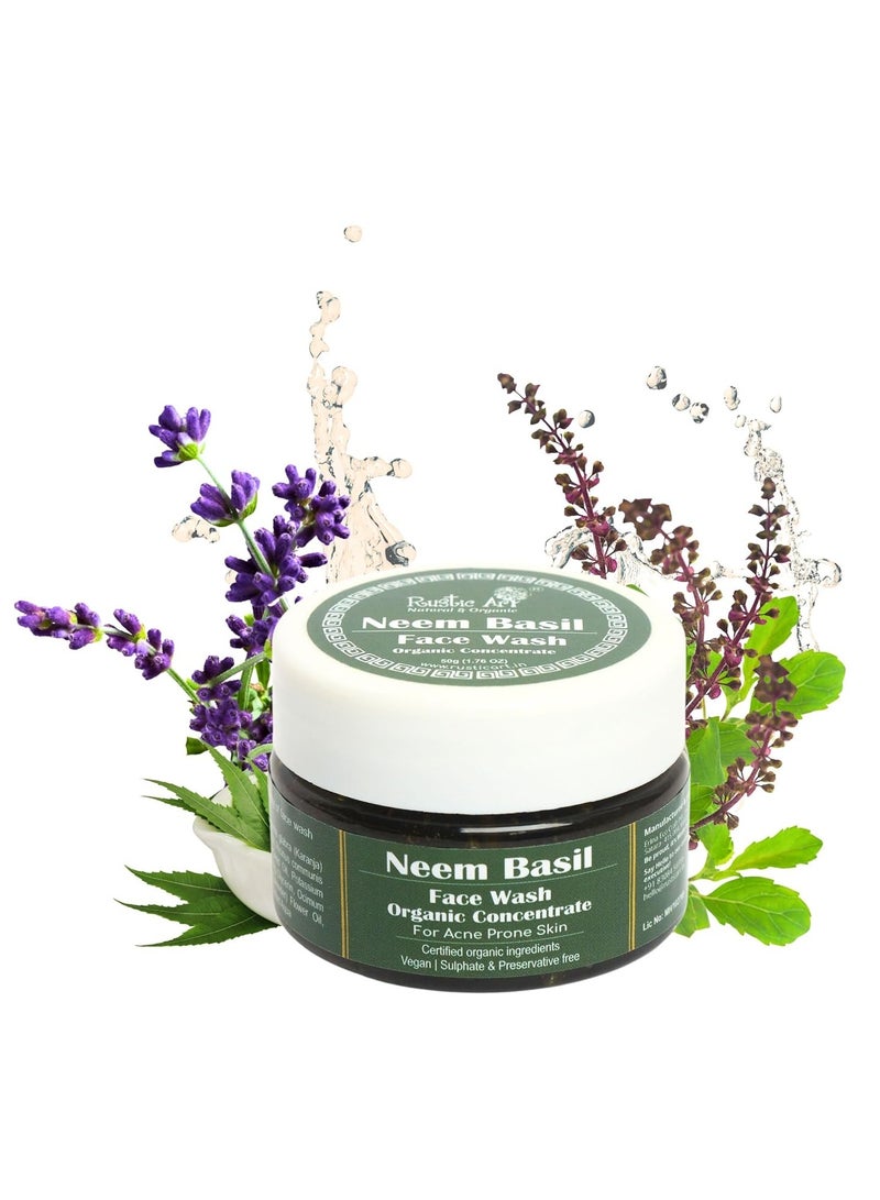 Rustic Art Organic Neem Basil Face Wash Concentrate | Anti acne (pimples), sulphate, paraben free cleanser for women & men | Suitable for teenagers | 50g (Pack of 1) - Image 2