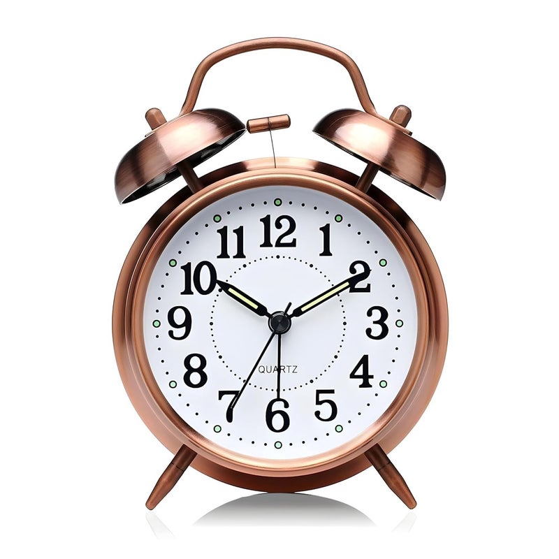 SOLEGLOW Vintage Twin Bell Analog Display Table Alarm Clock with Night LED Light Heavy Slippers Extra Loud Alarm Clock Ideal for Student and Kids Bedroom Copper - Image 1