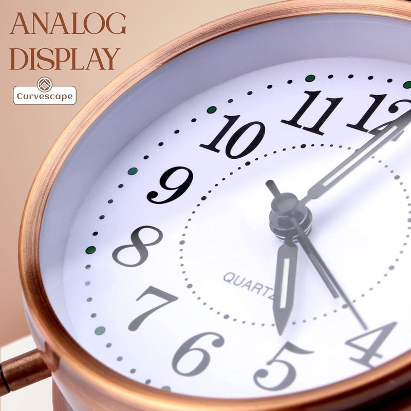 SOLEGLOW Vintage Twin Bell Analog Display Table Alarm Clock with Night LED Light Heavy Slippers Extra Loud Alarm Clock Ideal for Student and Kids Bedroom Copper - Image 5