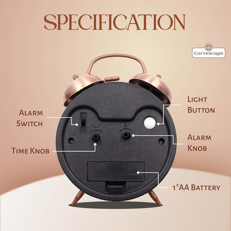 SOLEGLOW Vintage Twin Bell Analog Display Table Alarm Clock with Night LED Light Heavy Slippers Extra Loud Alarm Clock Ideal for Student and Kids Bedroom Copper - Image 4