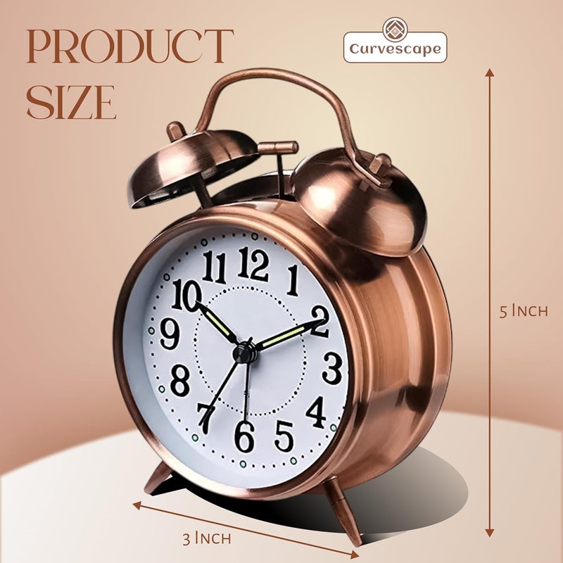 SOLEGLOW Vintage Twin Bell Analog Display Table Alarm Clock with Night LED Light Heavy Slippers Extra Loud Alarm Clock Ideal for Student and Kids Bedroom Copper - Image 2