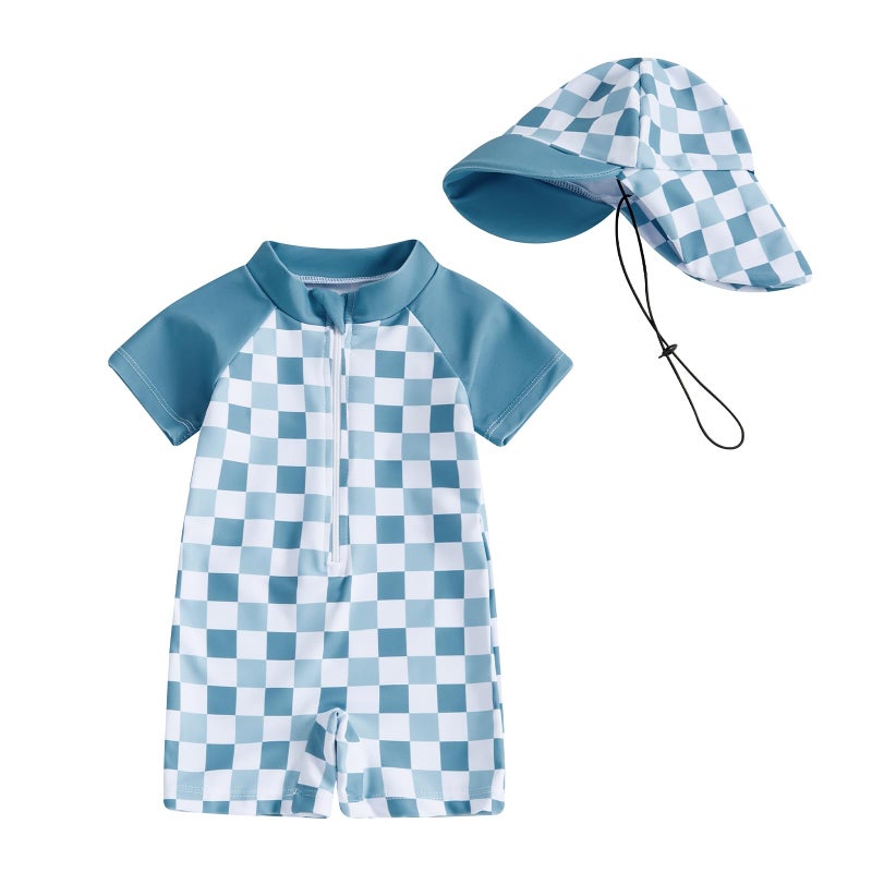 mlpeerw Baby Boy Girl Swimsuit One Piece Short Sleeve Rash Guard Zipper Swimwear Toddler Bathing Suit Infant Beach Outfits (Checkerboard-Blue, 6-12 Months) - Image 1