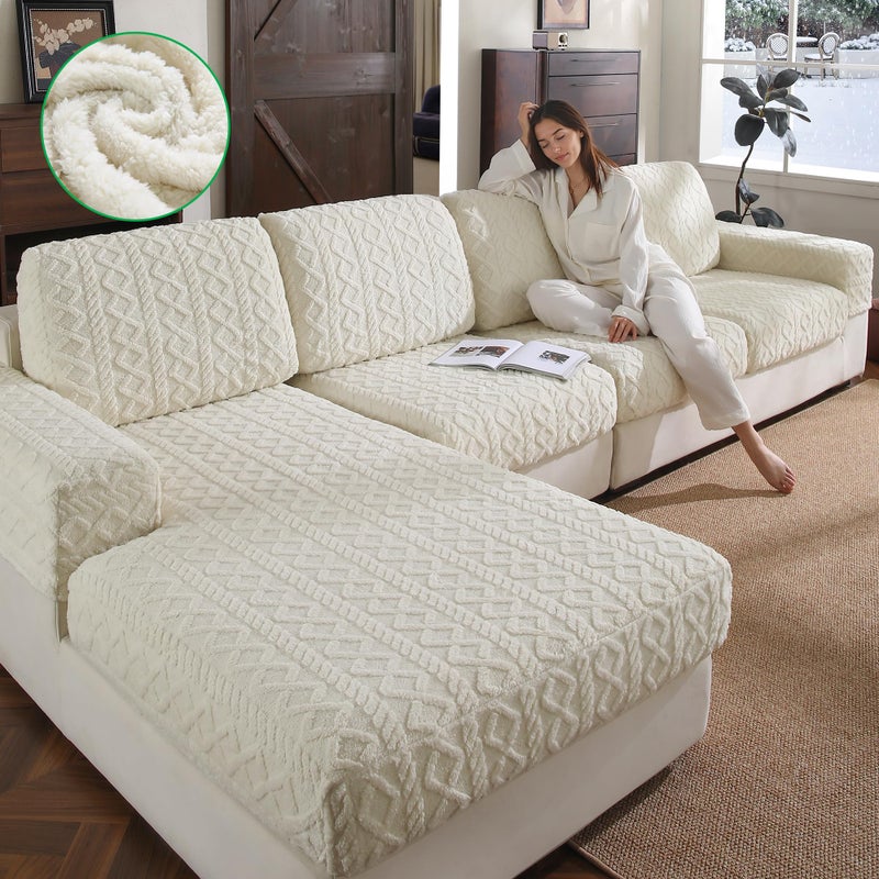 OHSIO Couch Cushion Covers, Super Soft Thicker Fleece Sofa Cover Stretch Sectional Sofa Slipcover Washable Pet Friendly Anti-Slip Stain Resistant Furniture Cover for Home(1 Armrest Cover,Ivory) - Image 1