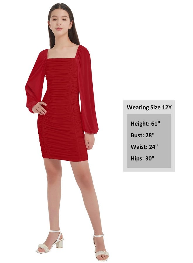 EXARUS Girls Padded Dress Tween Long Sleeve/Spaghetti Strap Bodycon Teen Formal Dance Ruched Tight Dresses Mini 8-14Y, Long Sleeve Red, 12 Years - Image 2