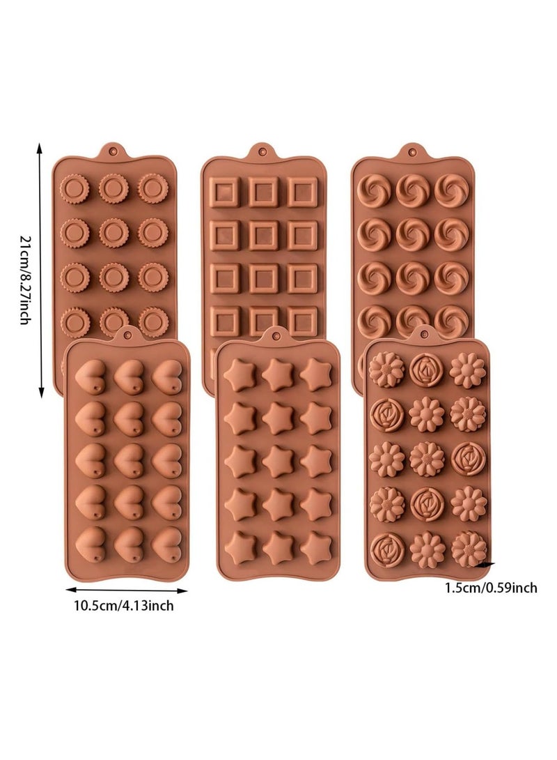 Silicone Chocolate Molds, 6 Pieces 15-Cavity Candy Mould Trays for Baking Cake Decorating, Brown Different Shaped Ice Cube Mold for DIY Jelly Candy Chocolate, 21x10.5x1.5 cm/8.26x4.13x0.59 inch - Image 2