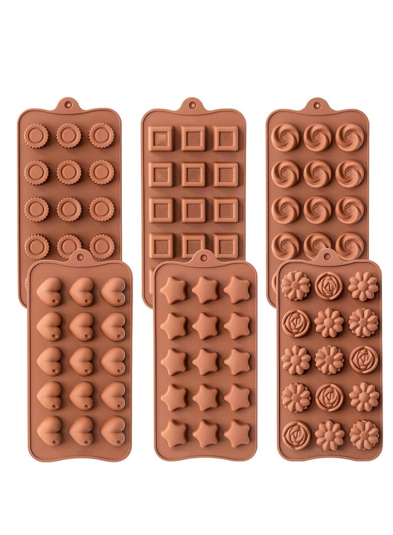 Silicone Chocolate Molds, 6 Pieces 15-Cavity Candy Mould Trays for Baking Cake Decorating, Brown Different Shaped Ice Cube Mold for DIY Jelly Candy Chocolate, 21x10.5x1.5 cm/8.26x4.13x0.59 inch - Image 1
