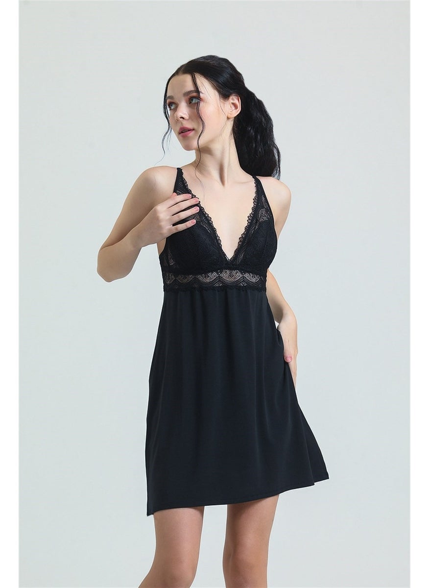 Magic Form 3778 Women's Lace Modal Rope Strap Nightgown-Black  - Image 2