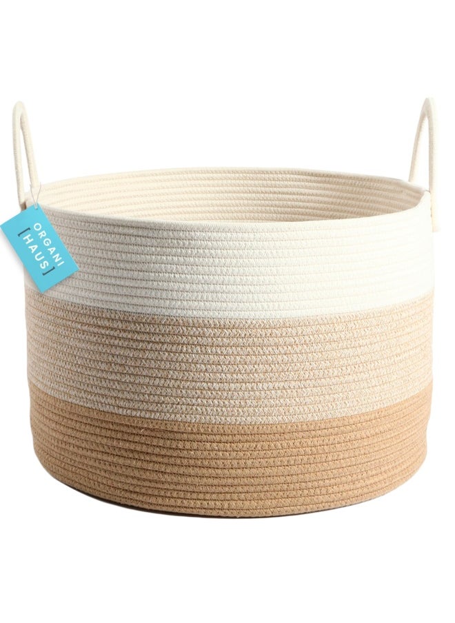 OrganiHaus - OrganiHaus Woven Baskets for Storage 20x13   Modern Boho Laundry Basket   Cotton Rope Blanket Basket for Living Room   Extra Large Storage Basket for Kids   Laundry Hamper & Blanket Holder - Honey - Image 1