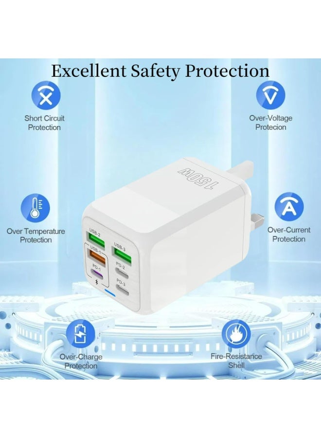 USB C Plug Fast Charging, 150W Fast Charger Plug, 6-Port Charger (3PD Type C port+3QC USB A port), UK wall charger charging plug, compatible with iPhone 11/12/13/14/15 series/XS/XR/SE/8/iPad  - Image 3