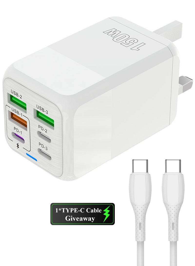 USB C Plug Fast Charging, 150W Fast Charger Plug, 6-Port Charger (3PD Type C port+3QC USB A port), UK wall charger charging plug, compatible with iPhone 11/12/13/14/15 series/XS/XR/SE/8/iPad  - Image 1