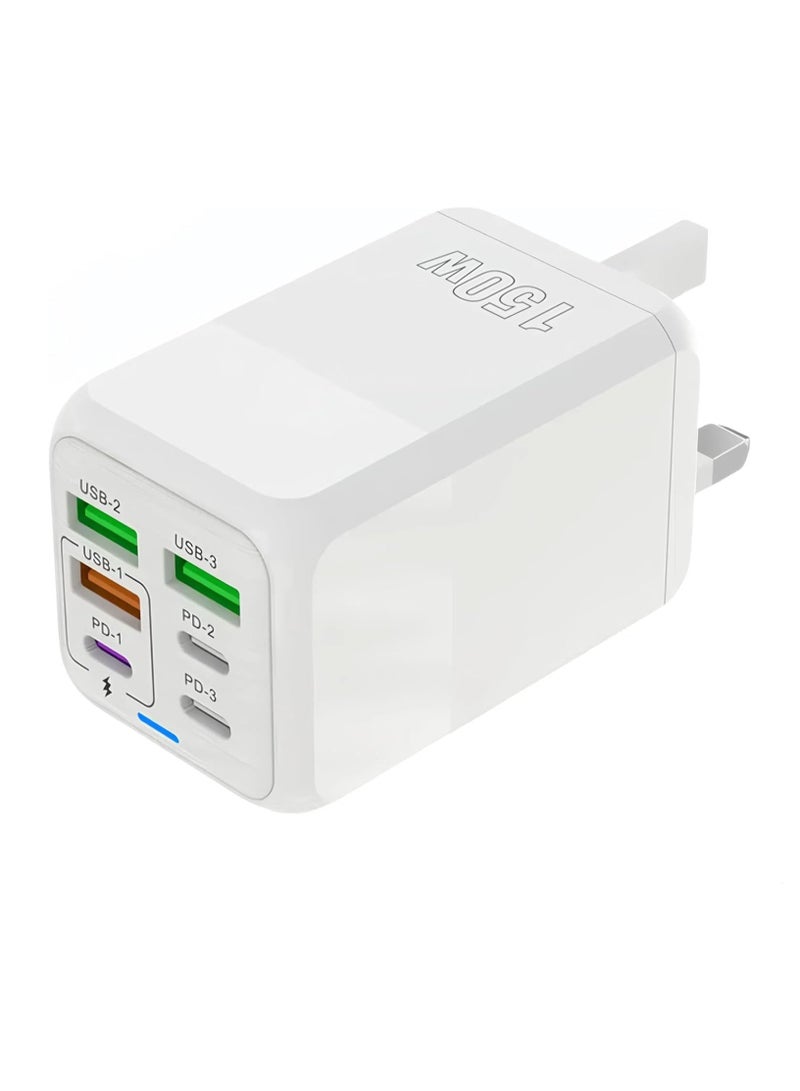 USB C Plug Fast Charging, 150W Fast Charger Plug, 6-Port Charger (3PD Type C port+3QC USB A port), UK wall charger charging plug, compatible with iPhone 11/12/13/14/15 series/XS/XR/SE/8/iPad - Image 1