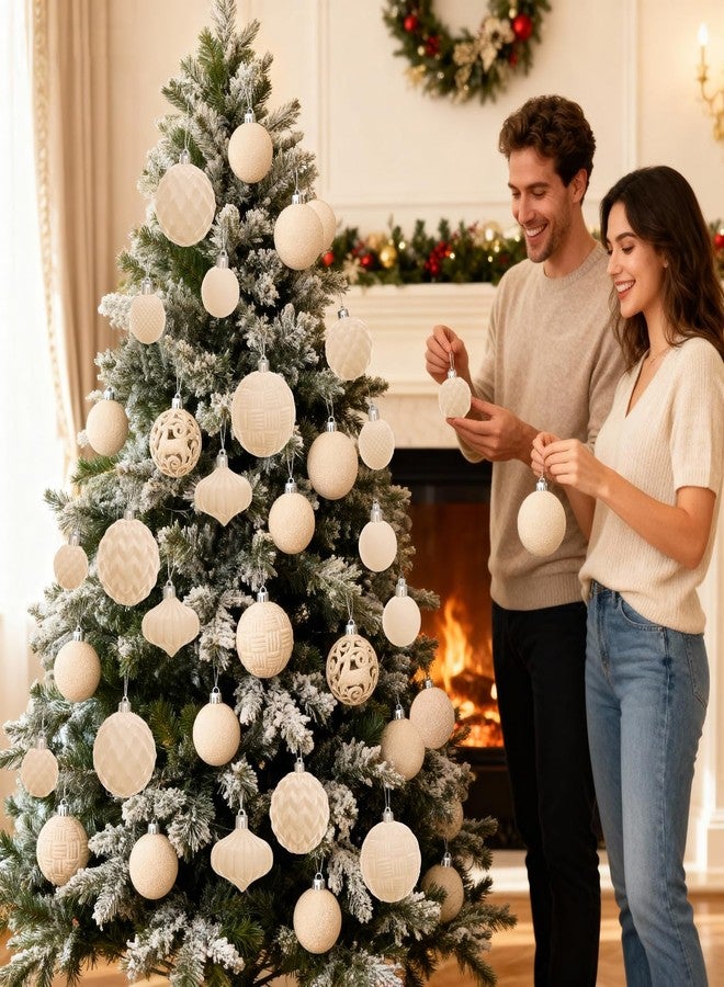 Artmag Velvet Christmas Ball Ornaments Set - 46pcs Shatterproof Plastic Flocked Christmas Tree Balls Assorted Sizes for Christmas Holiday Decor Decoration (Beige) - Image 5