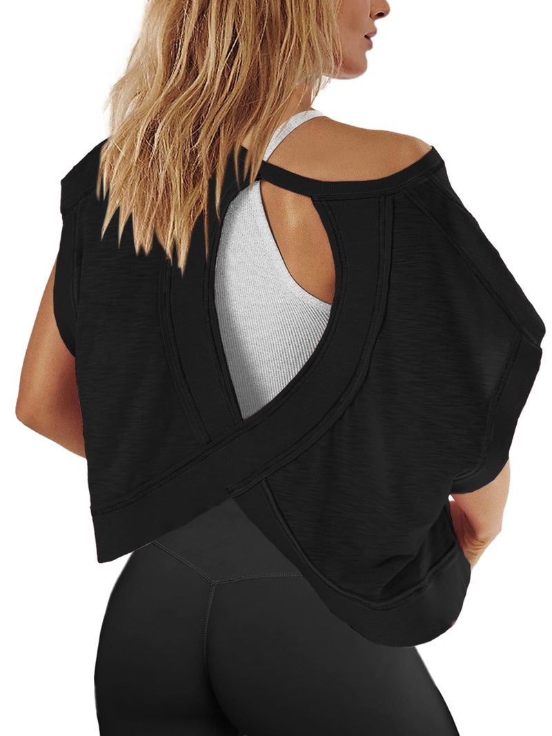 Panadila Womens Open Back Workout Top Oversized Workout T Shirts Backless Athletic Shirt Short Sleeve Baby Tee (Black,S) - Image 1