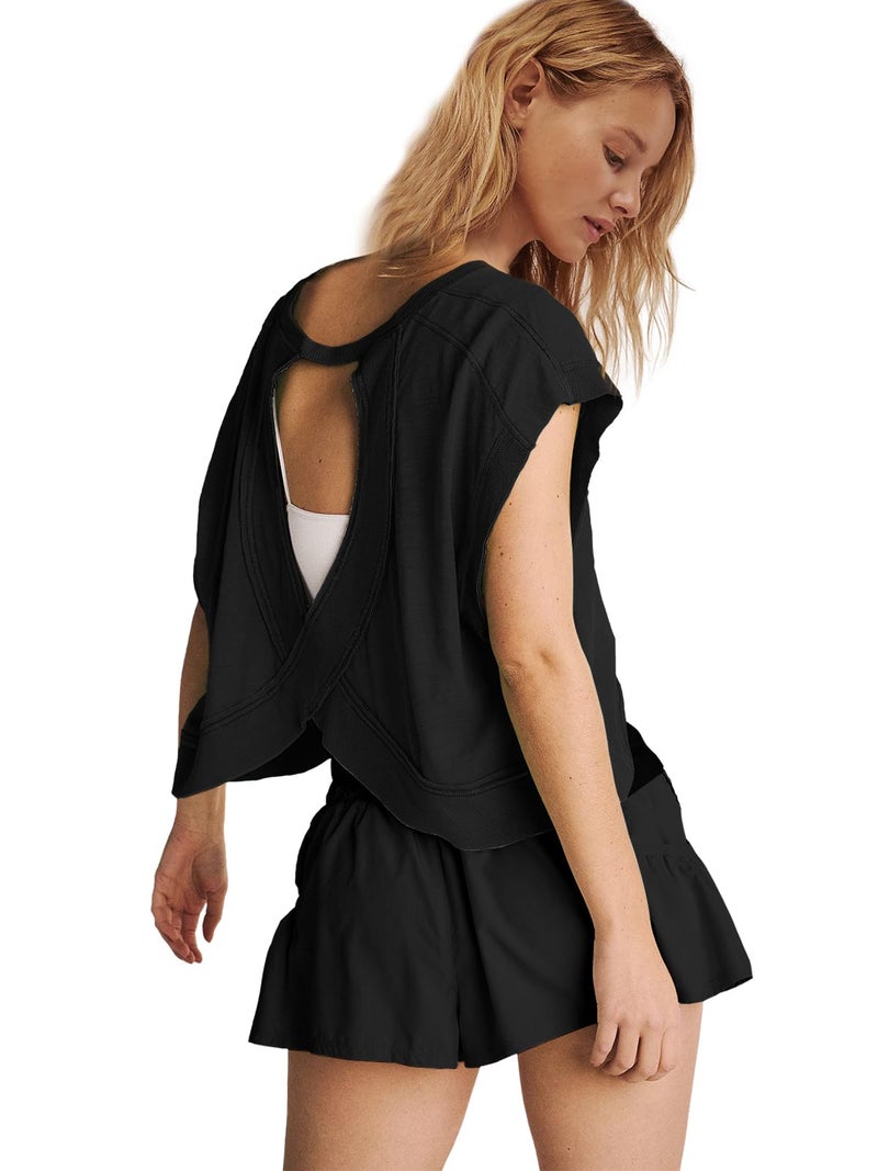 Panadila Womens Open Back Workout Top Oversized Workout T Shirts Backless Athletic Shirt Short Sleeve Baby Tee (Black,S) - Image 4