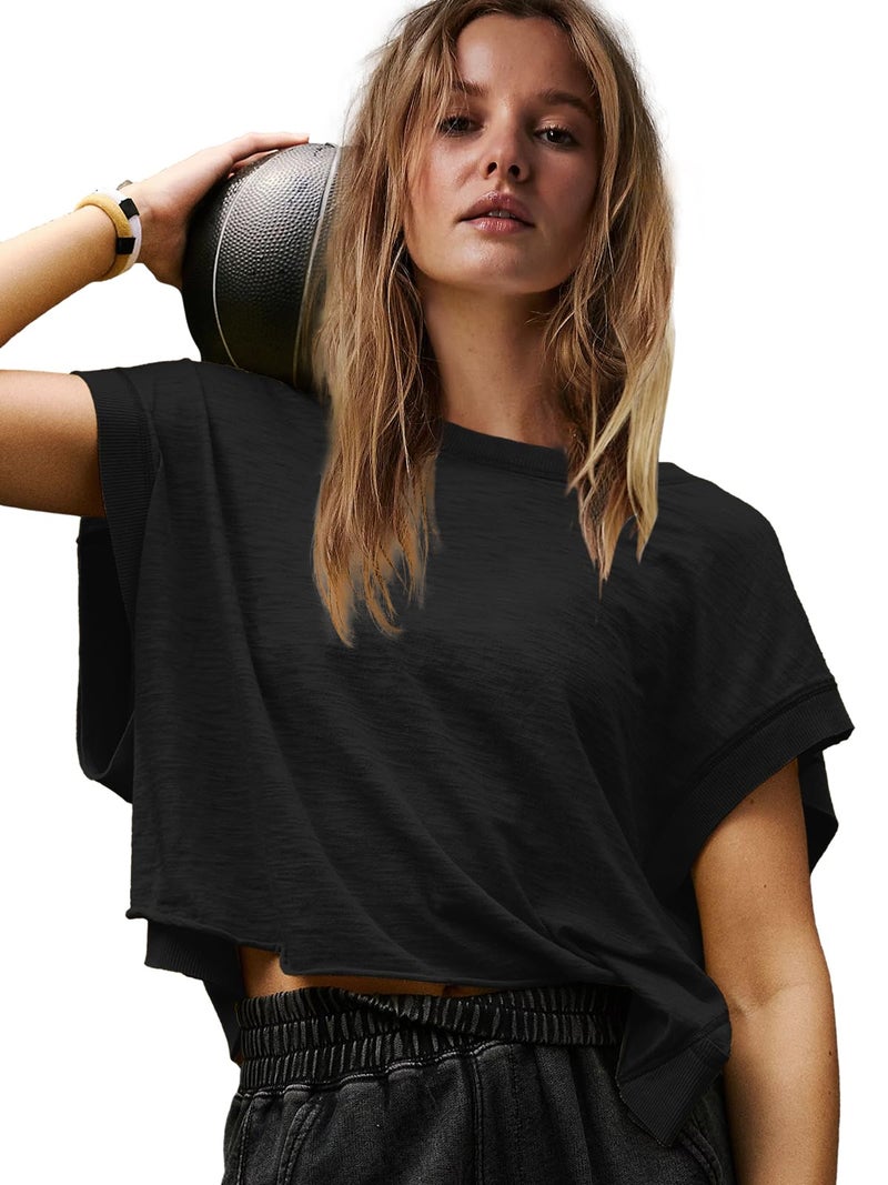 Panadila Womens Open Back Workout Top Oversized Workout T Shirts Backless Athletic Shirt Short Sleeve Baby Tee (Black,S) - Image 2