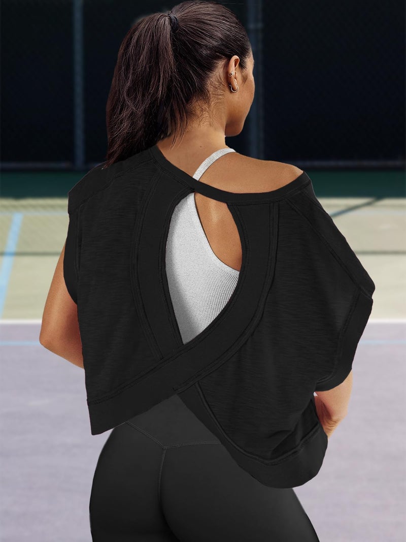 Panadila Womens Open Back Workout Top Oversized Workout T Shirts Backless Athletic Shirt Short Sleeve Baby Tee (Black,S) - Image 3