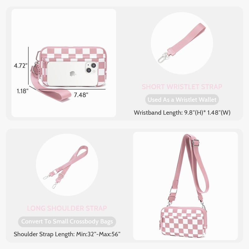 FODOKO Wristlet wallets for women Nylon Quilted Wallet with 4 Zippers,Travel Credit Card,Holder Cell Phone Organizer (Pink Check) - Image 5