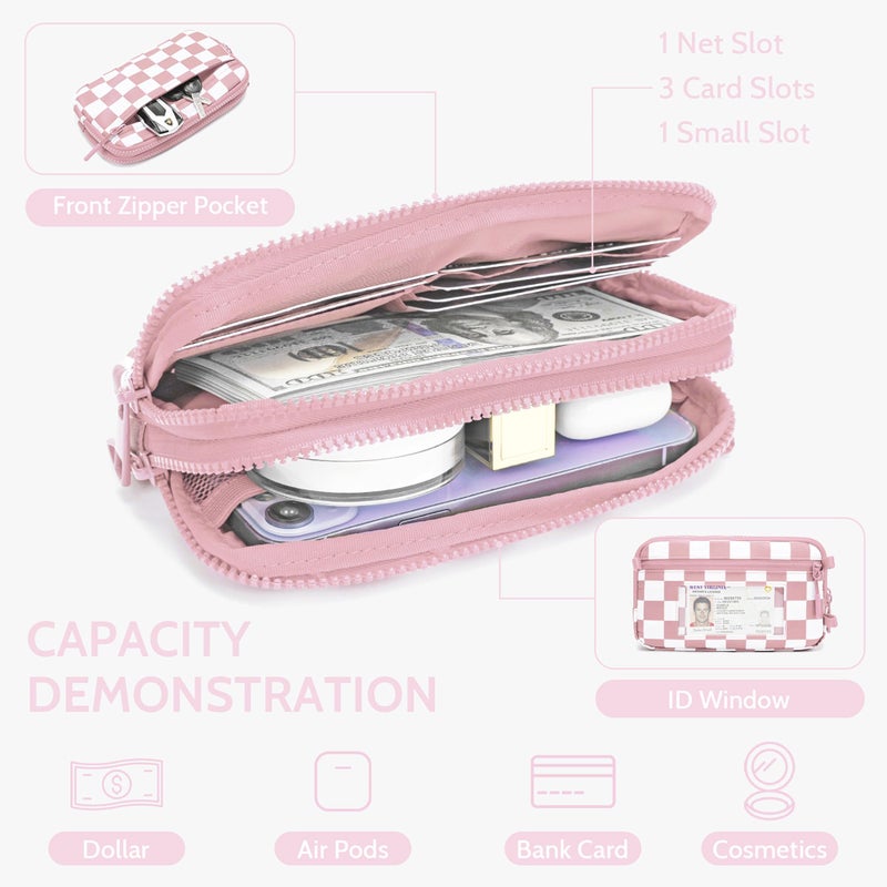 FODOKO Wristlet wallets for women Nylon Quilted Wallet with 4 Zippers,Travel Credit Card,Holder Cell Phone Organizer (Pink Check) - Image 3
