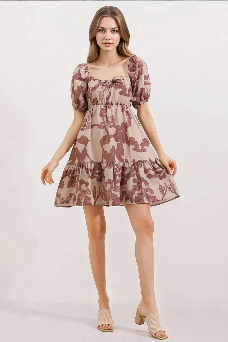 Big Dart Dusty Rose Pink BDART Square Neck A-Form Mini Dress with Bow for Women | Best Price UAE
