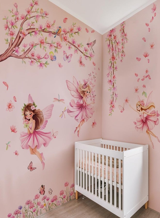 Mirabuy Pink Fairy Garden Wall Decals, Cherry Blossom Tree with Butterflies Wall Stickers for Girls Room Nursery Decor, 45x37 inches, 3 Sheets - Image 4