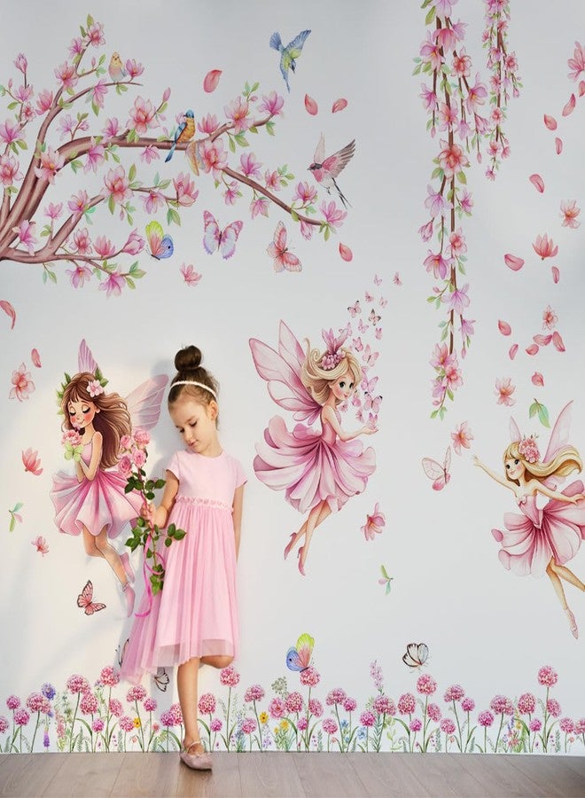 Mirabuy Pink Fairy Garden Wall Decals, Cherry Blossom Tree with Butterflies Wall Stickers for Girls Room Nursery Decor, 45x37 inches, 3 Sheets - Image 5