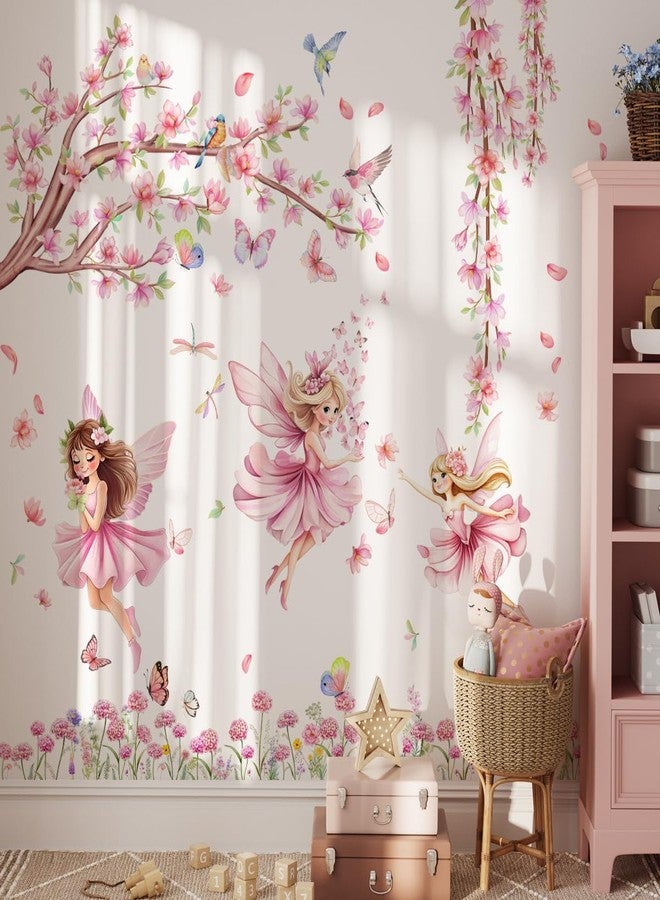 Mirabuy Pink Fairy Garden Wall Decals, Cherry Blossom Tree with Butterflies Wall Stickers for Girls Room Nursery Decor, 45x37 inches, 3 Sheets - Image 3