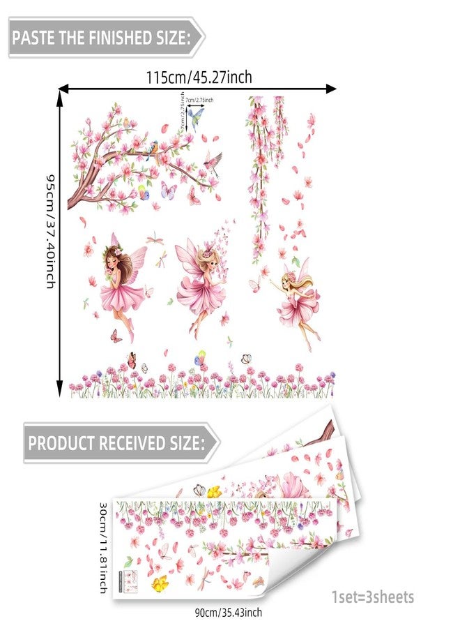 Mirabuy Pink Fairy Garden Wall Decals, Cherry Blossom Tree with Butterflies Wall Stickers for Girls Room Nursery Decor, 45x37 inches, 3 Sheets - Image 2
