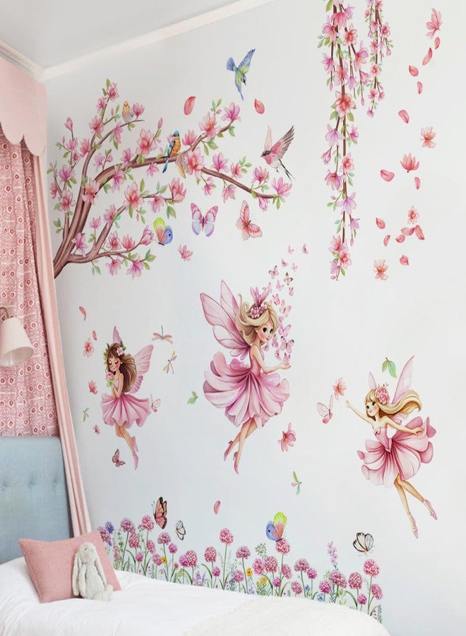 Mirabuy Pink Fairy Garden Wall Decals, Cherry Blossom Tree with Butterflies Wall Stickers for Girls Room Nursery Decor, 45x37 inches, 3 Sheets - Image 1