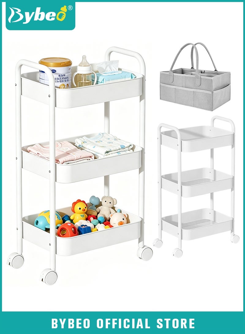 Bybeo 2-in-1 Baby Diaper Cart & Nursery Organizer, 3-Tier Mobile Utility Cart, Detachable Diaper Caddy Organizer, Metal Rolling Trolley Cart, Large Storage for Baby Essentials - Image 1