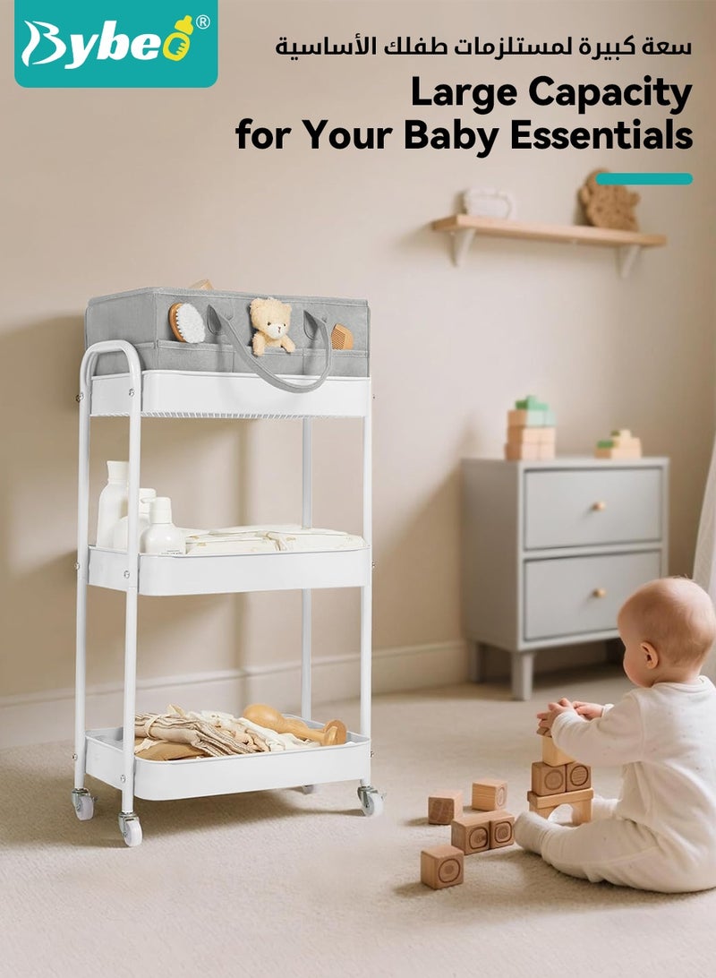 Bybeo 2-in-1 Baby Diaper Cart & Nursery Organizer, 3-Tier Mobile Utility Cart, Detachable Diaper Caddy Organizer, Metal Rolling Trolley Cart, Large Storage for Baby Essentials - Image 3