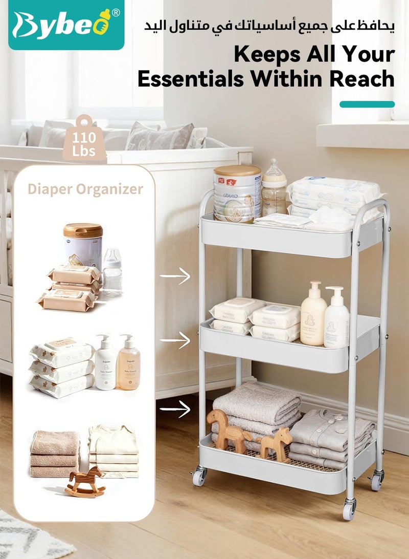 Bybeo 2-in-1 Baby Diaper Cart & Nursery Organizer, 3-Tier Mobile Utility Cart, Detachable Diaper Caddy Organizer, Metal Rolling Trolley Cart, Large Storage for Baby Essentials - Image 4