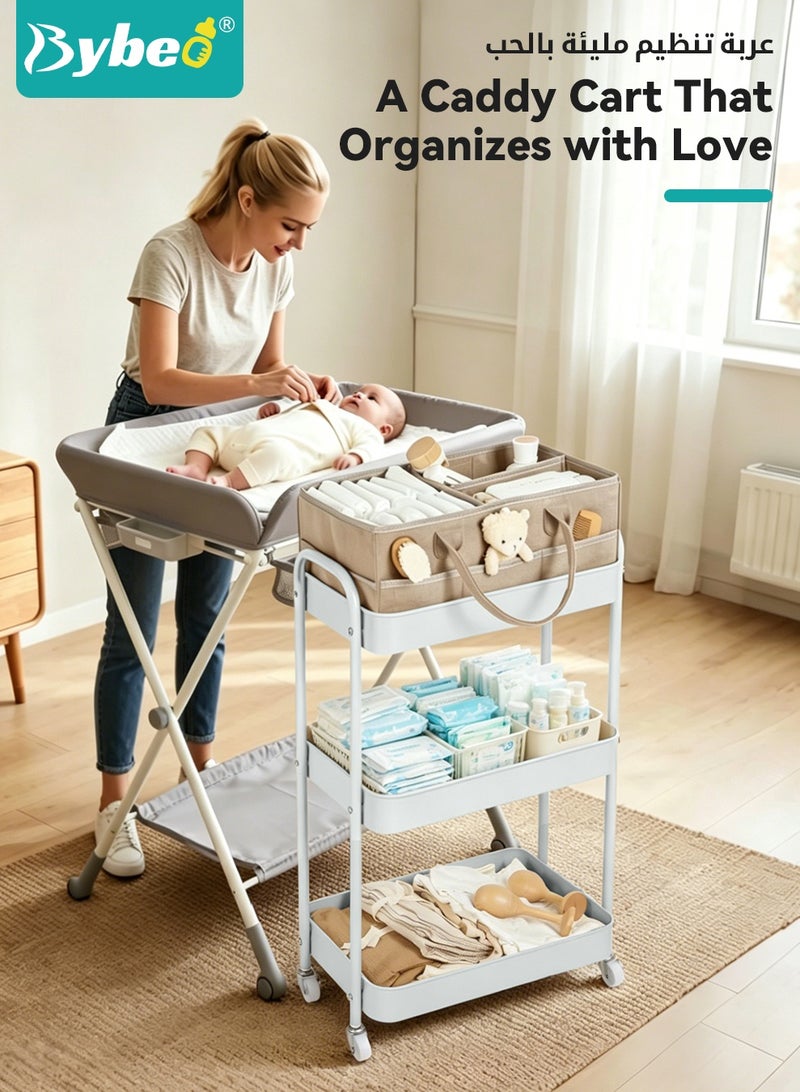 Bybeo 2-in-1 Baby Diaper Cart & Nursery Organizer, 3-Tier Mobile Utility Cart, Detachable Diaper Caddy Organizer, Metal Rolling Trolley Cart, Large Storage for Baby Essentials - Image 5