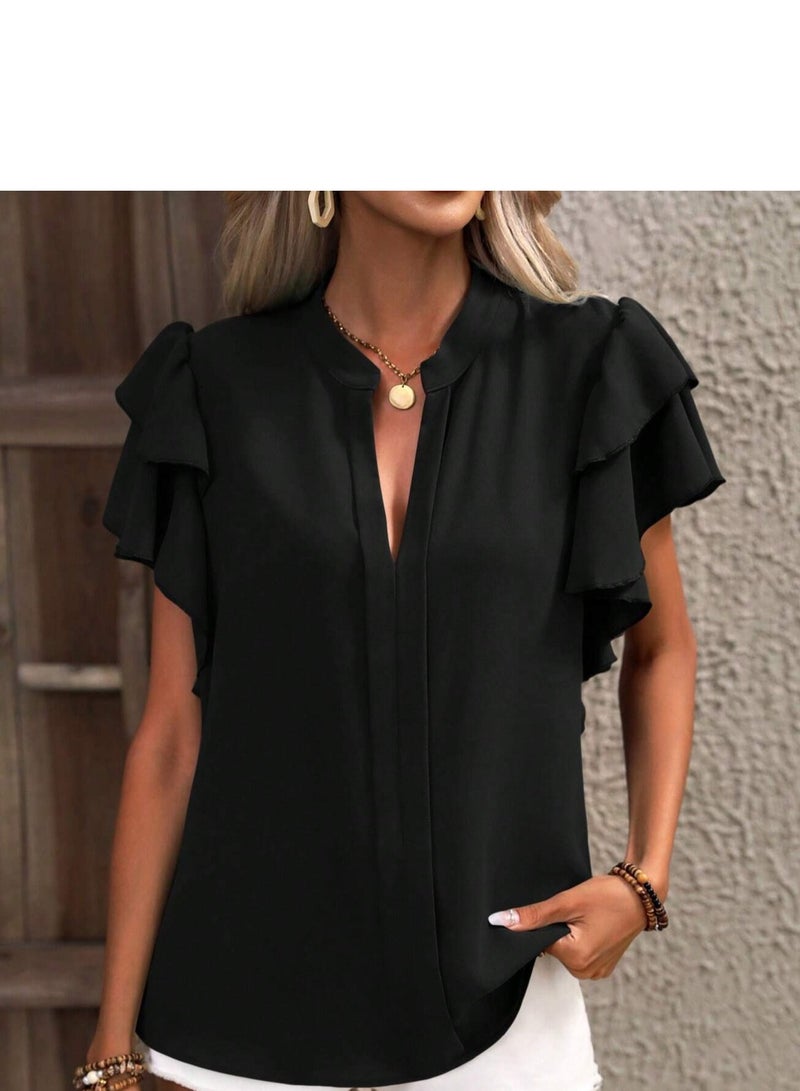 Shougu New V-neck Casual Solid Color Shirt Top  - Image 3
