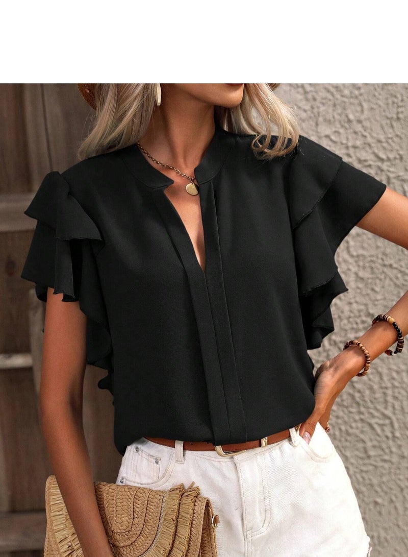 Shougu New V-neck Casual Solid Color Shirt Top  - Image 4