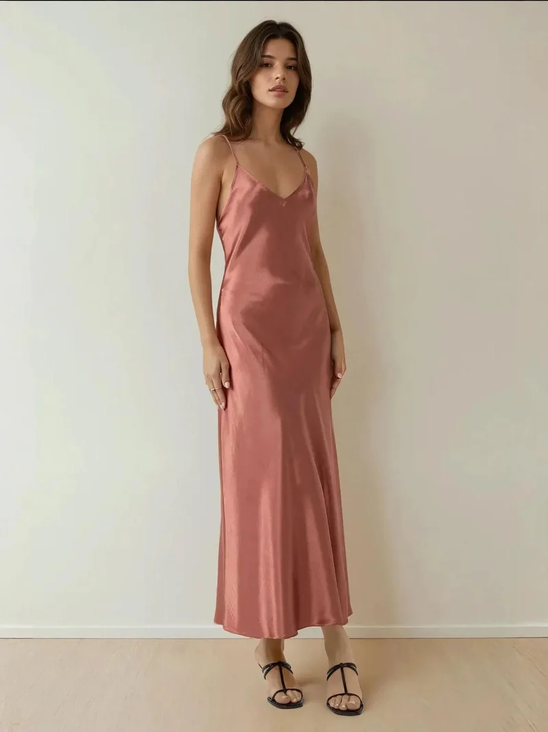 زوبعة فستان ماكسي ساتان ناعم بياقة على شكل