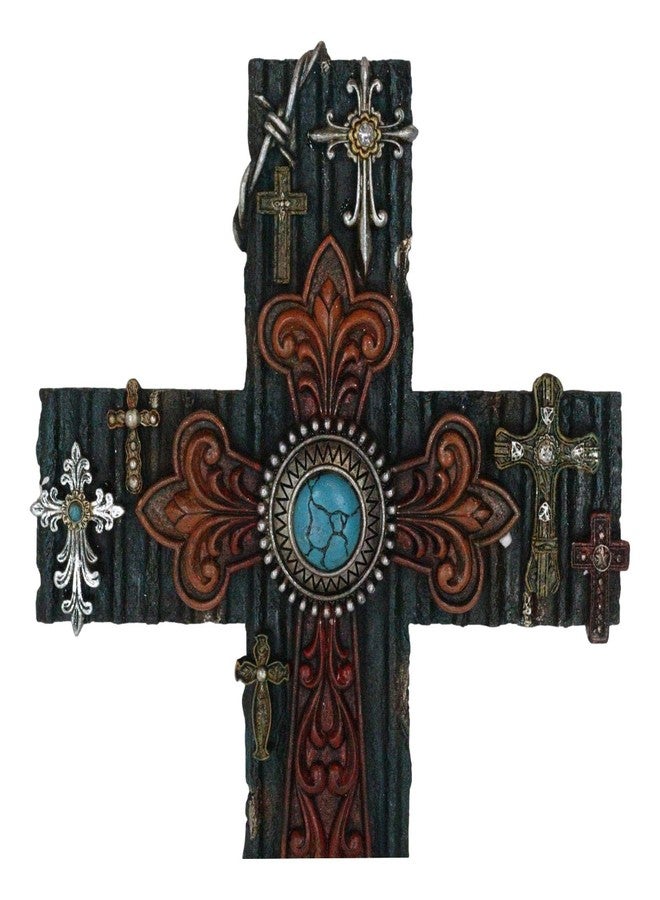 Ebros Gift Rustic Western Multi Layered Southwest Fleur De Lis Cowboy Tooled Leather Turquoise Rock Crosses Wall Cross Decor Plaque 16" H Inspirational Accent Decorative Crosses - Image 5