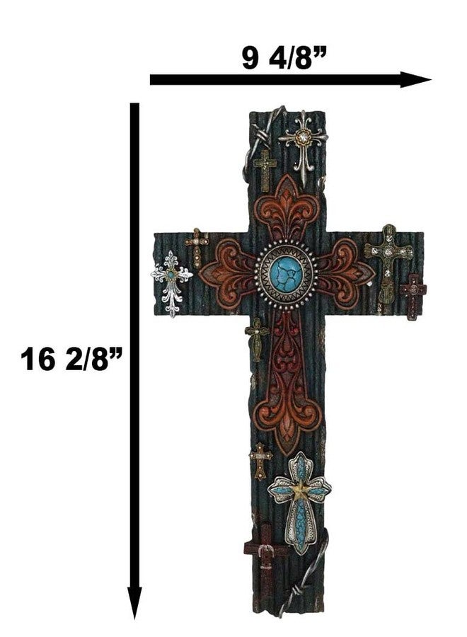 Ebros Gift Rustic Western Multi Layered Southwest Fleur De Lis Cowboy Tooled Leather Turquoise Rock Crosses Wall Cross Decor Plaque 16" H Inspirational Accent Decorative Crosses - Image 2