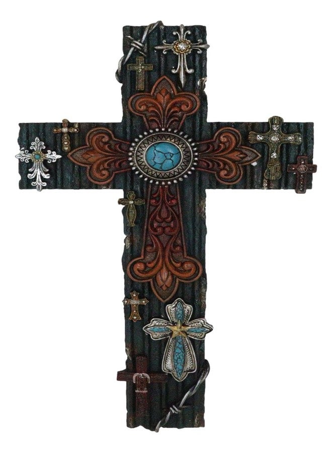 Ebros Gift Rustic Western Multi Layered Southwest Fleur De Lis Cowboy Tooled Leather Turquoise Rock Crosses Wall Cross Decor Plaque 16" H Inspirational Accent Decorative Crosses - Image 1