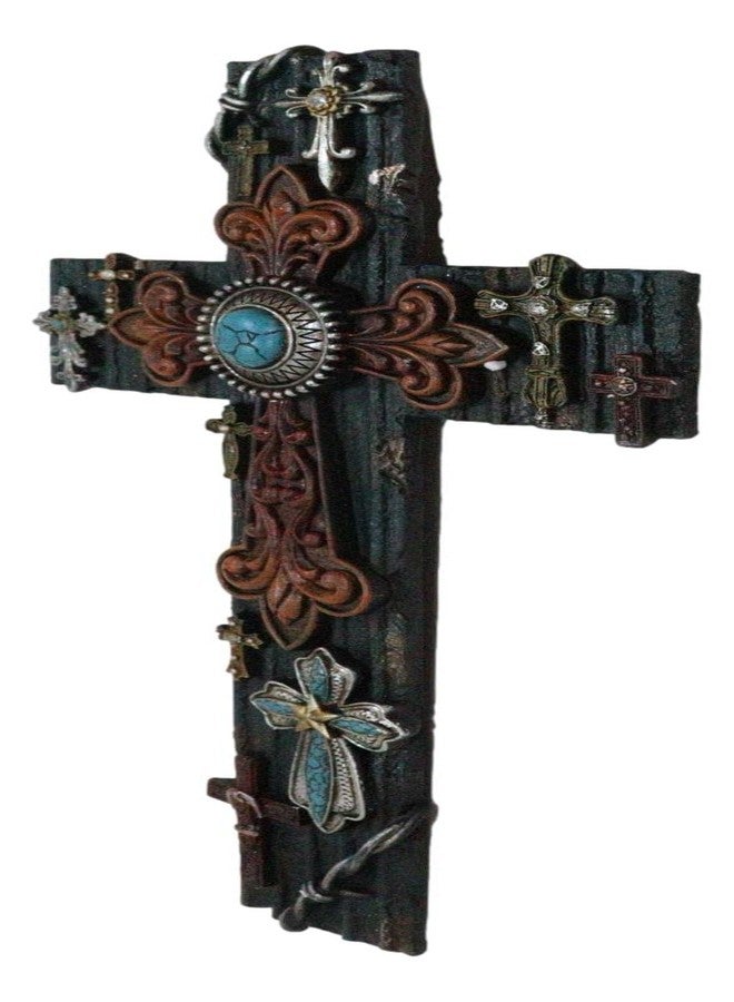Ebros Gift Rustic Western Multi Layered Southwest Fleur De Lis Cowboy Tooled Leather Turquoise Rock Crosses Wall Cross Decor Plaque 16" H Inspirational Accent Decorative Crosses - Image 4