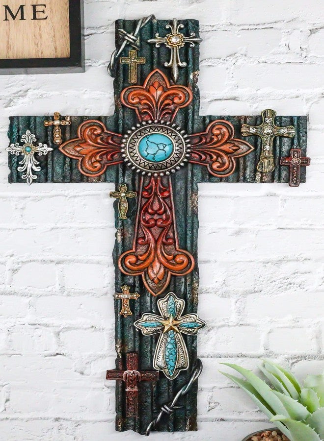 Ebros Gift Rustic Western Multi Layered Southwest Fleur De Lis Cowboy Tooled Leather Turquoise Rock Crosses Wall Cross Decor Plaque 16" H Inspirational Accent Decorative Crosses - Image 3