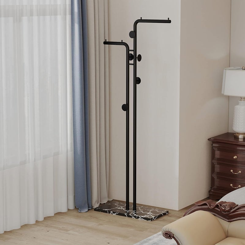 TNTAIAHL Double-pole Coat Rack Freestanding, Modern Metal Coat Racks Hanger Stand with 5 Hooks and Natural Marble Base, for Bedroom, Office, Hallway, Entryway, Living Room (Black) - Image 1