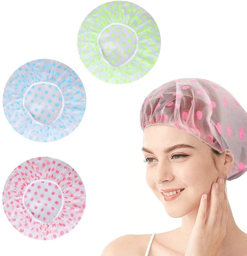 BITTERN 3PCS Shower Caps, Elastic Reusable Waterproof Plastic Shower Cap for Women Ladies Spa Salon (Red+Green+Blue) (MIX COLOUR) - Image 1