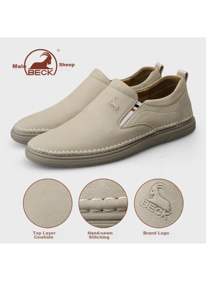 Gongyang Men's Leather Shoes, Business Casual Loafers, Slip-on Driving Shoes, Genuine Leather, Sand Color, Size 42