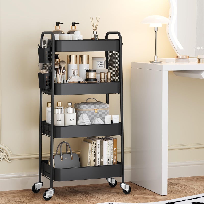 TOOLF 4 Tier Rolling Cart with Pegboard, Metal Storage Organizer Cart with Wheels, Hooks & Bins Esthetician Craft Art Sturdy Storage for Bathroom, Kitchen, Office, Nursery Diaper - Image 3